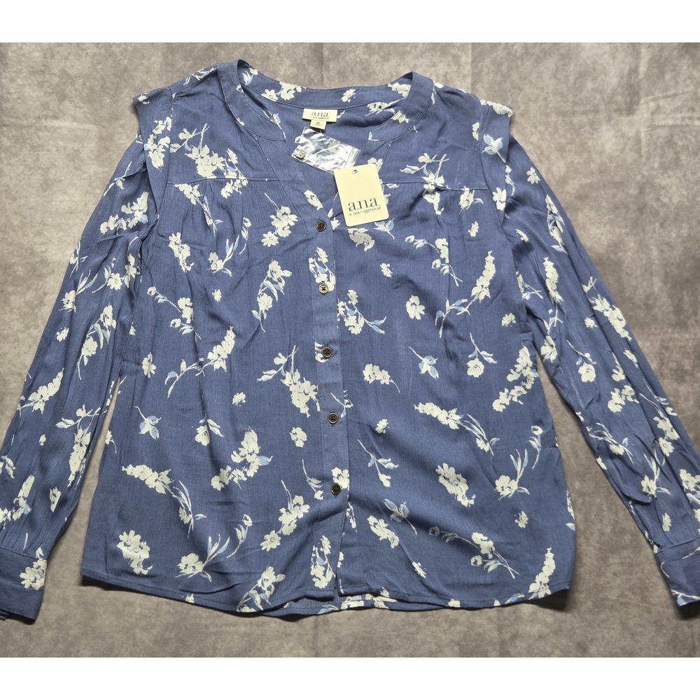 a.n.a. Floral Peasant Top Wms XS Long Sleeves Blue Floral Blouse Casual Career